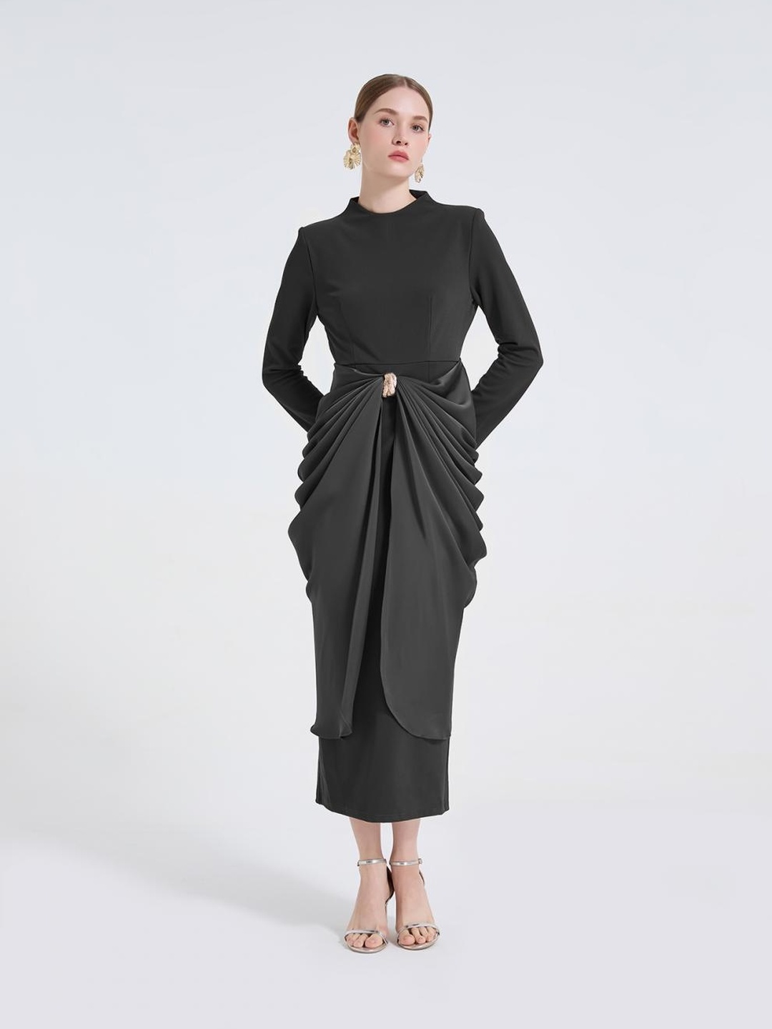 Black Metal Draped Detail Sheath Midi Dress