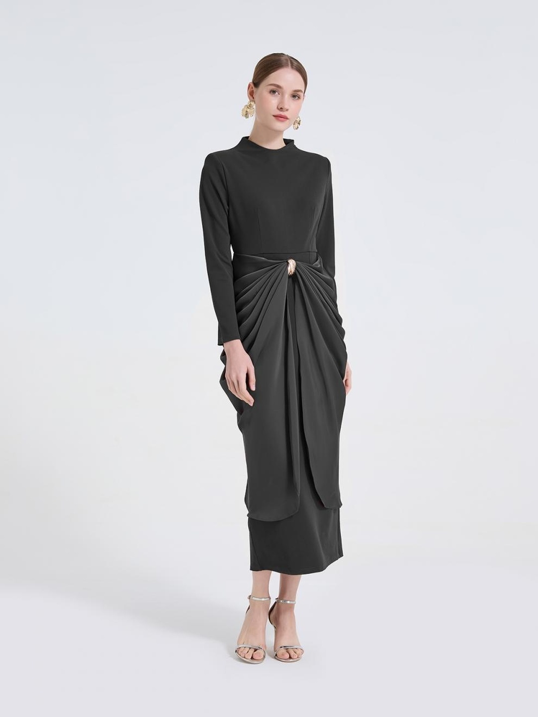 Black Metal Draped Detail Sheath Midi Dress