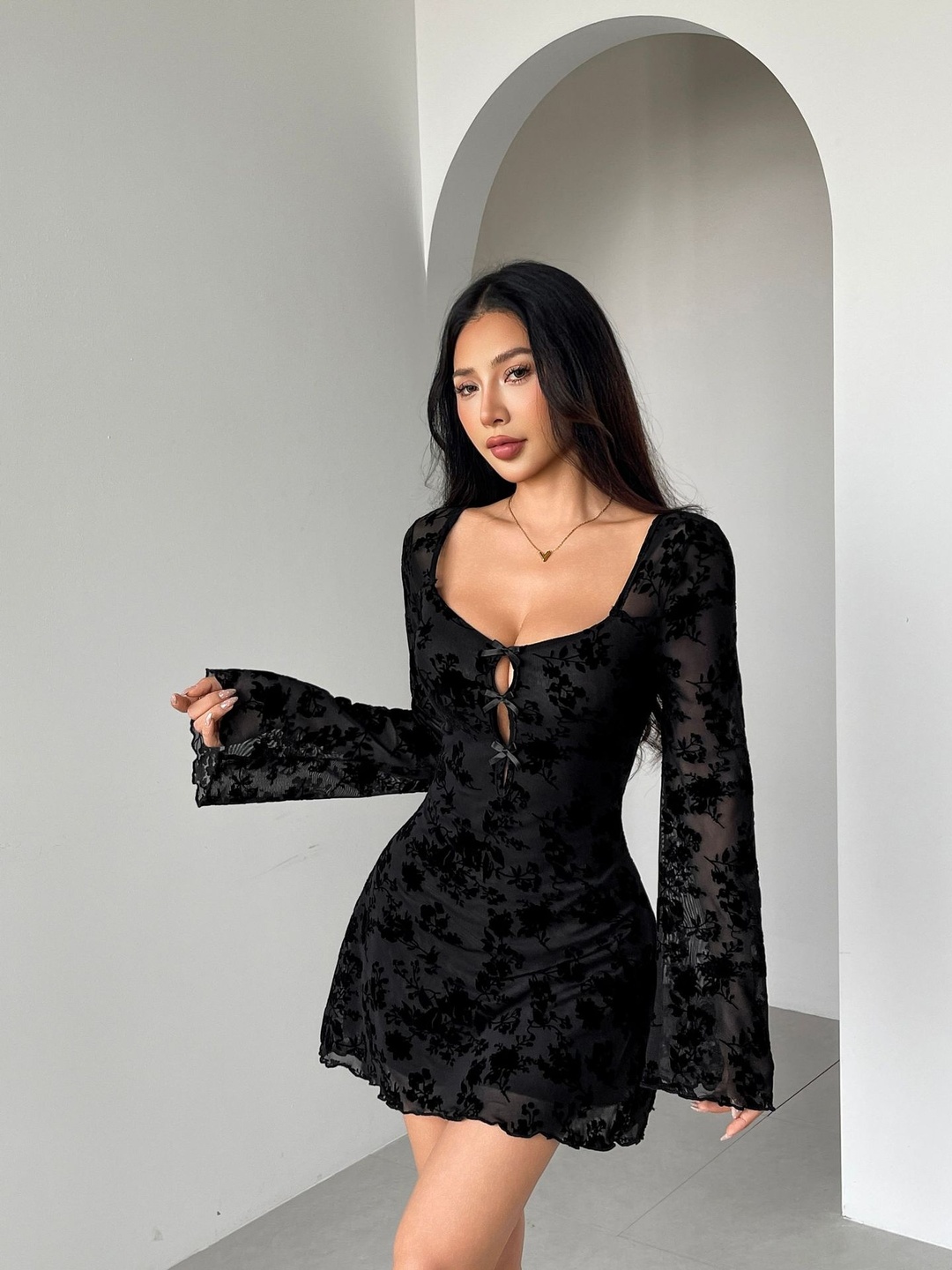 Black Velvet Look Floral Flocked Mini Dress