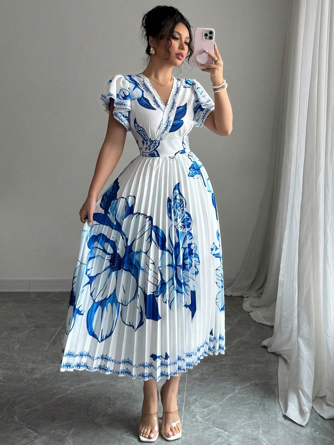 White Pleated Floral Print A-Line Midi Dress