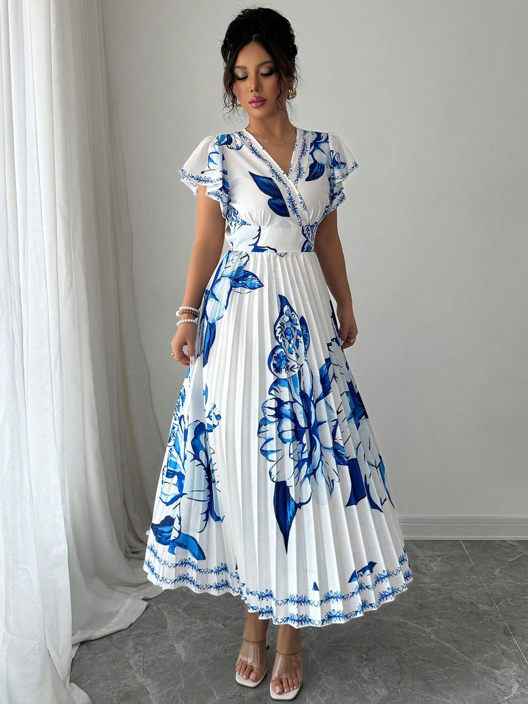 White Pleated Floral Print A-Line Midi Dress