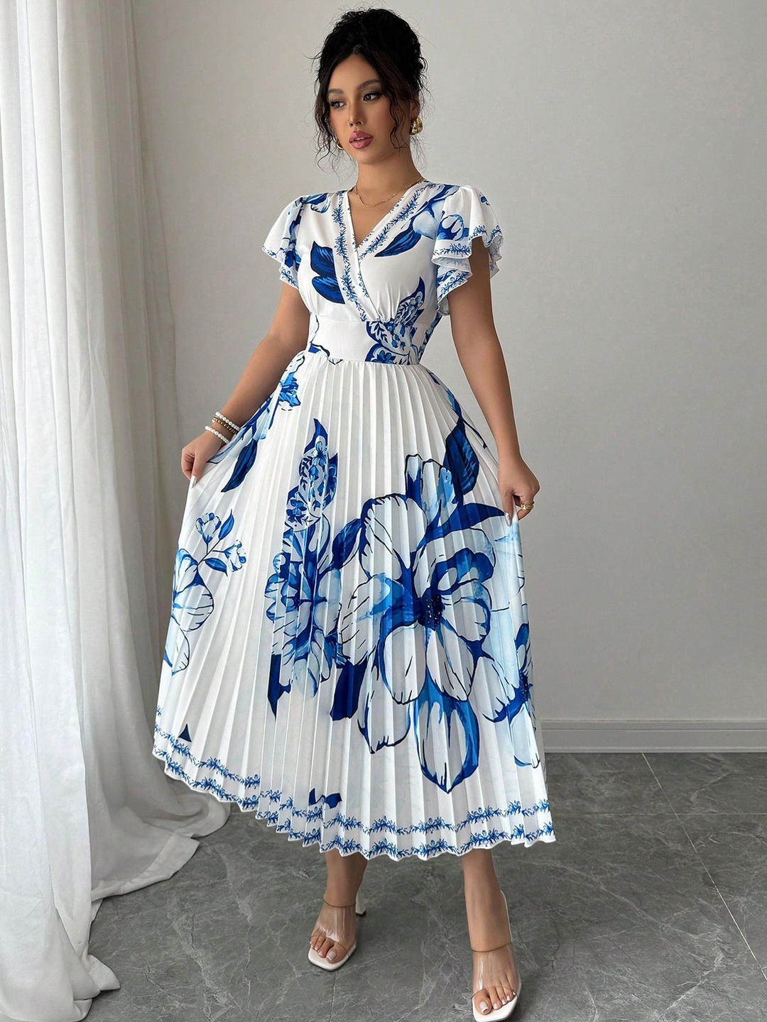 White Pleated Floral Print A-Line Midi Dress