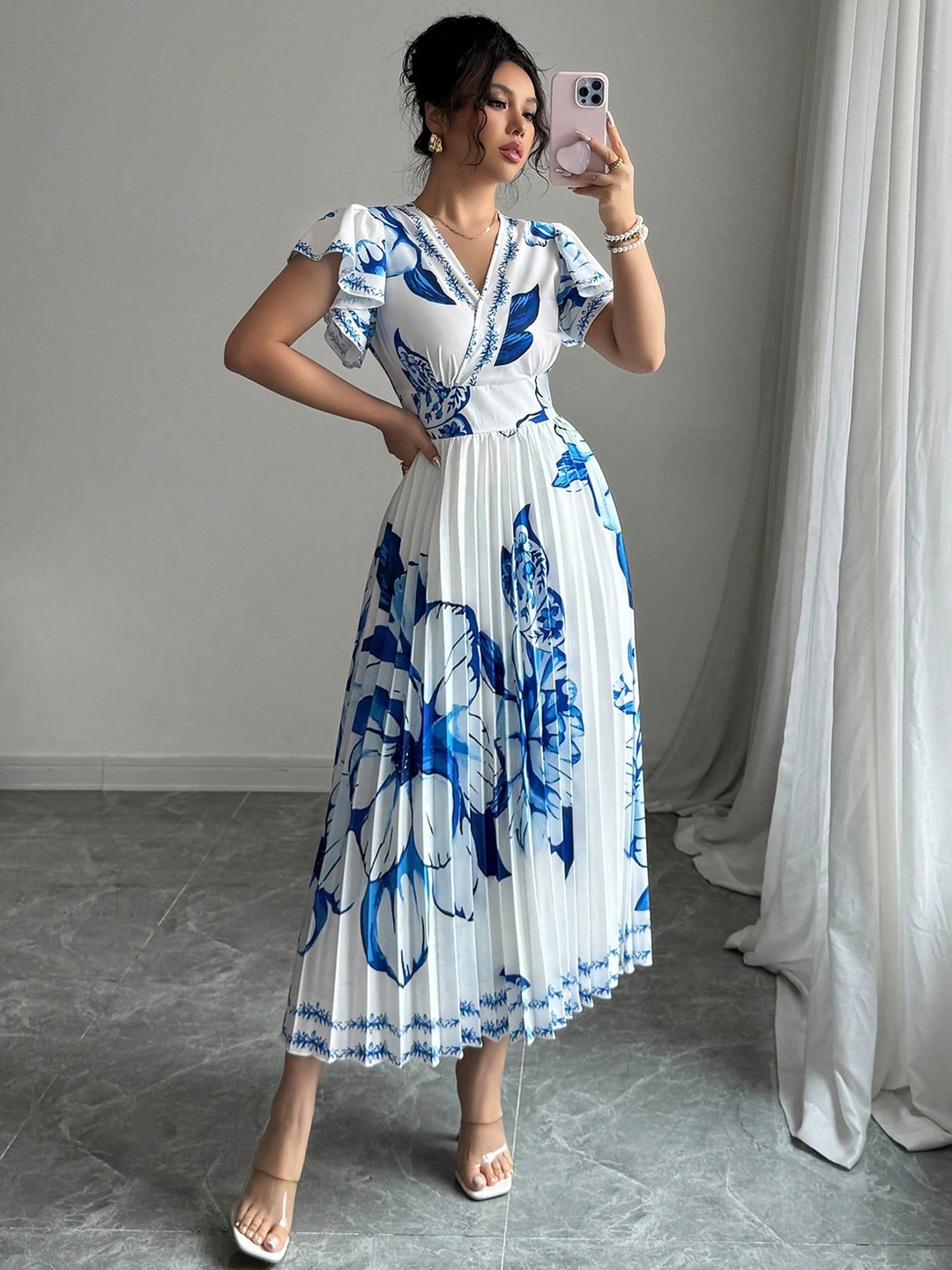 White Pleated Floral Print A-Line Midi Dress