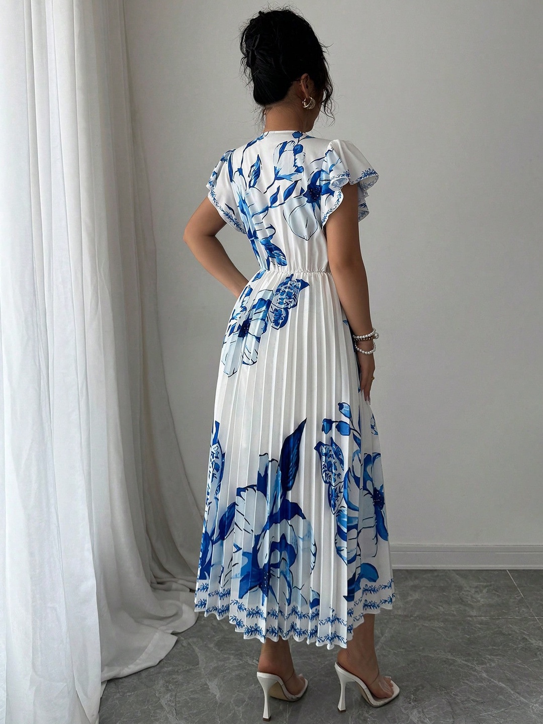 White Pleated Floral Print A-Line Midi Dress