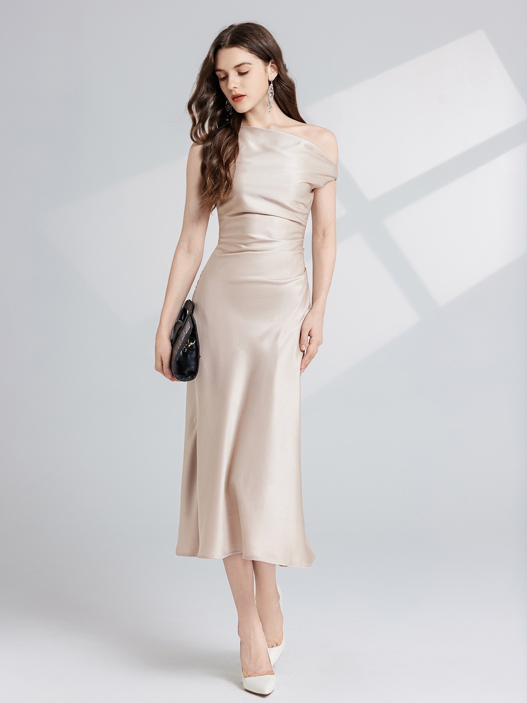 Gold Asymmetric Neck Satin Midi Dress