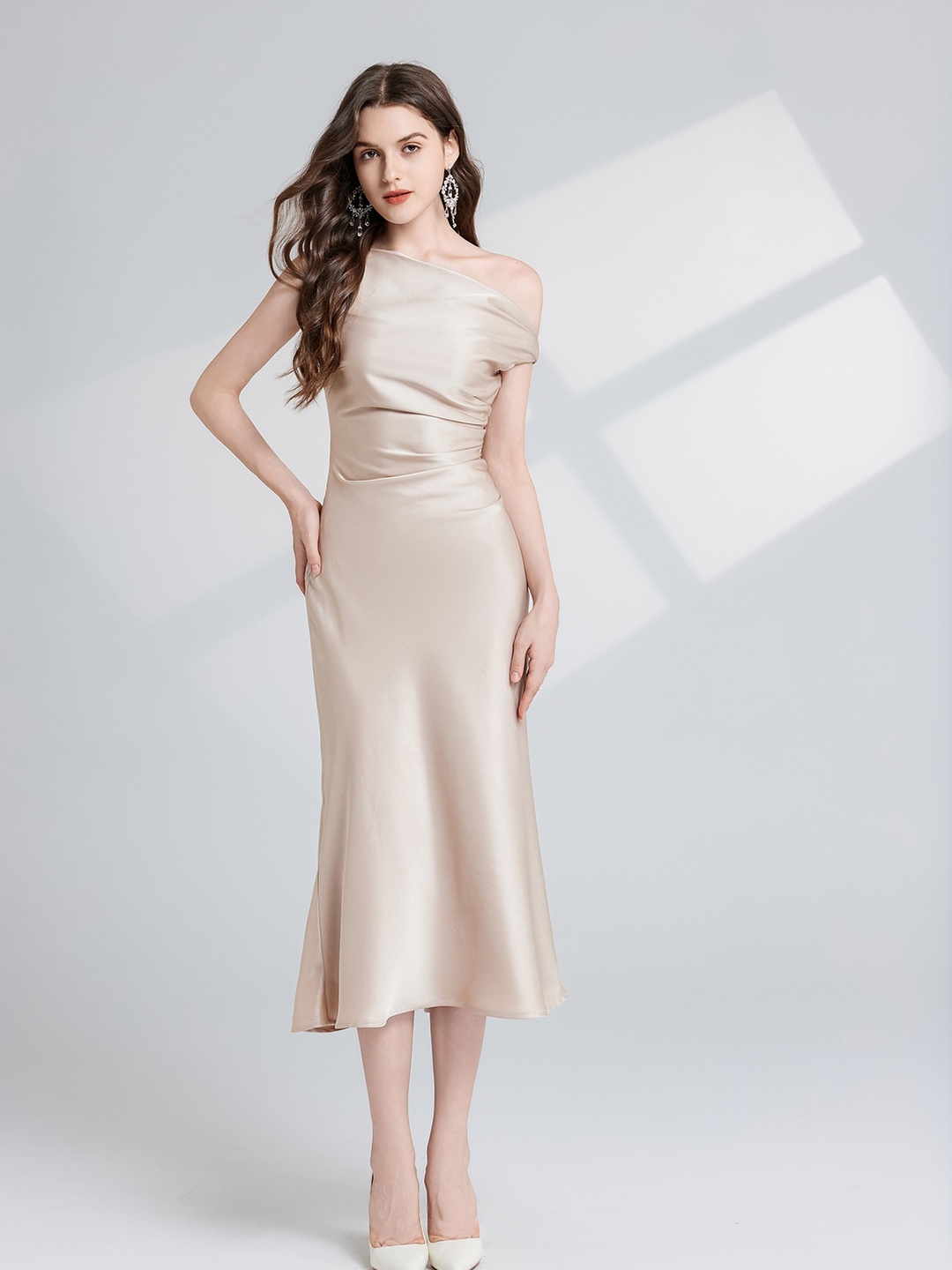 Gold Asymmetric Neck Satin Midi Dress