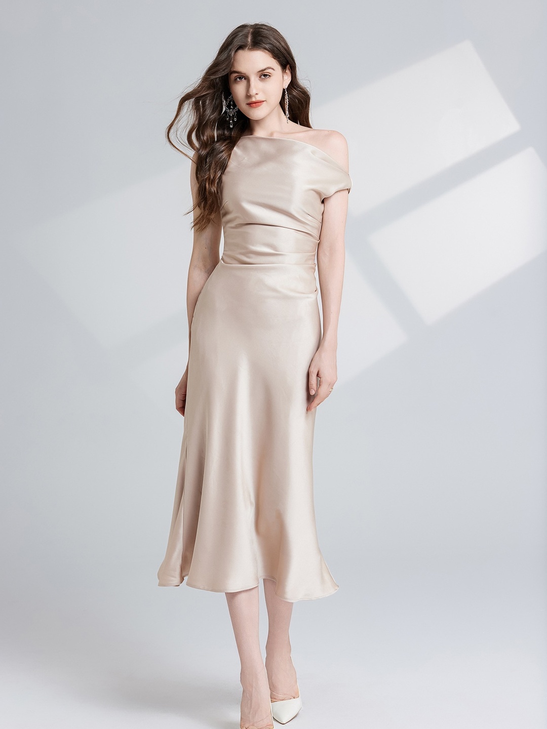 Gold Asymmetric Neck Satin Midi Dress