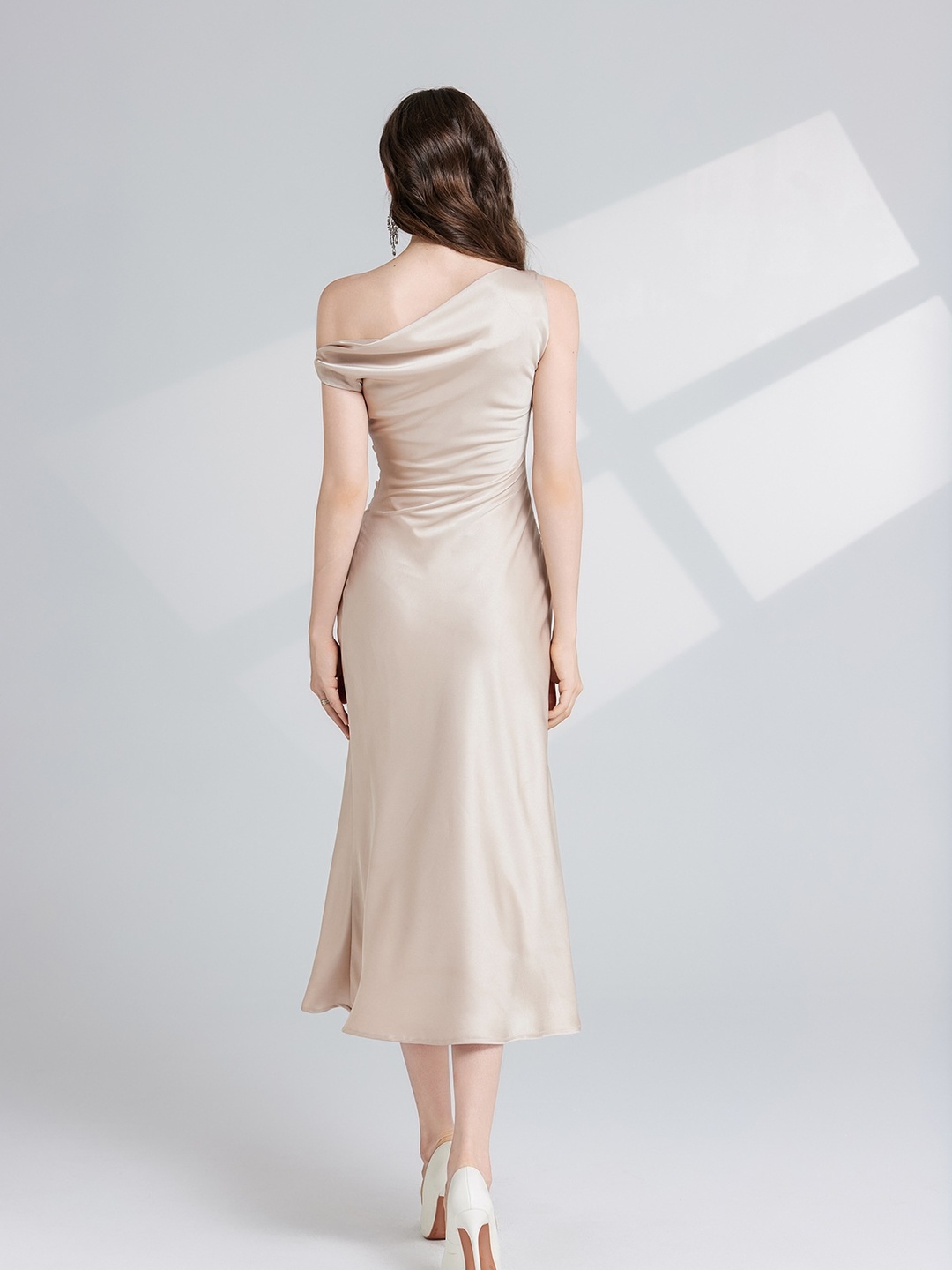 Gold Asymmetric Neck Satin Midi Dress