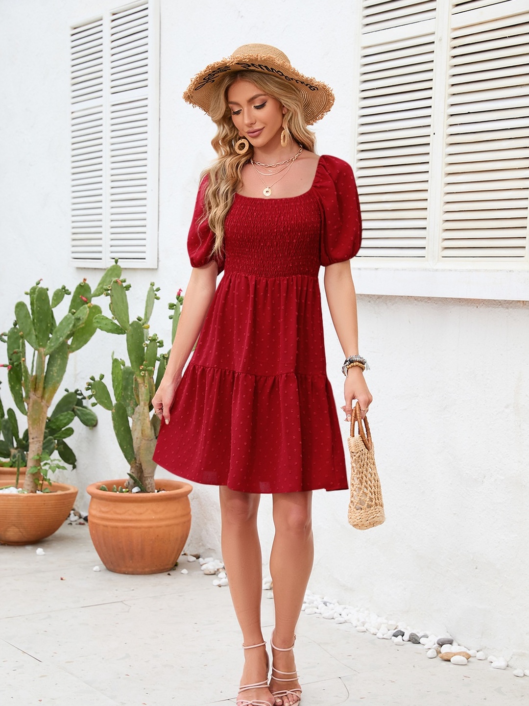 Red Dobby Square Neck Knee Length Dress