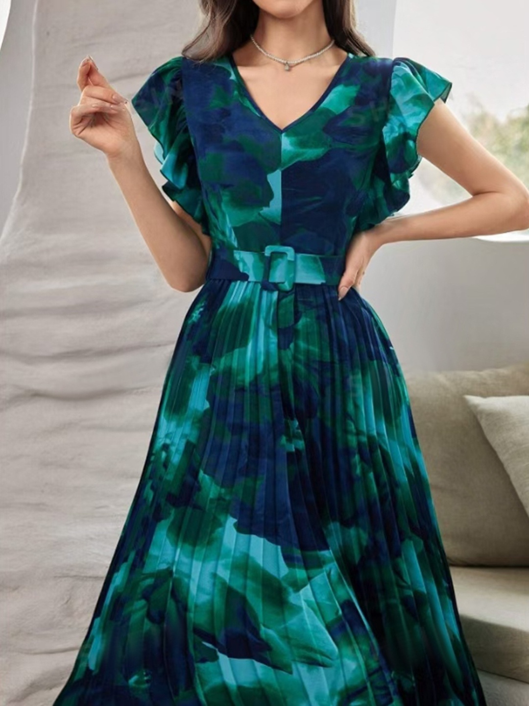 Teal Frill Sleeve Pleated A-Line Midi Dress