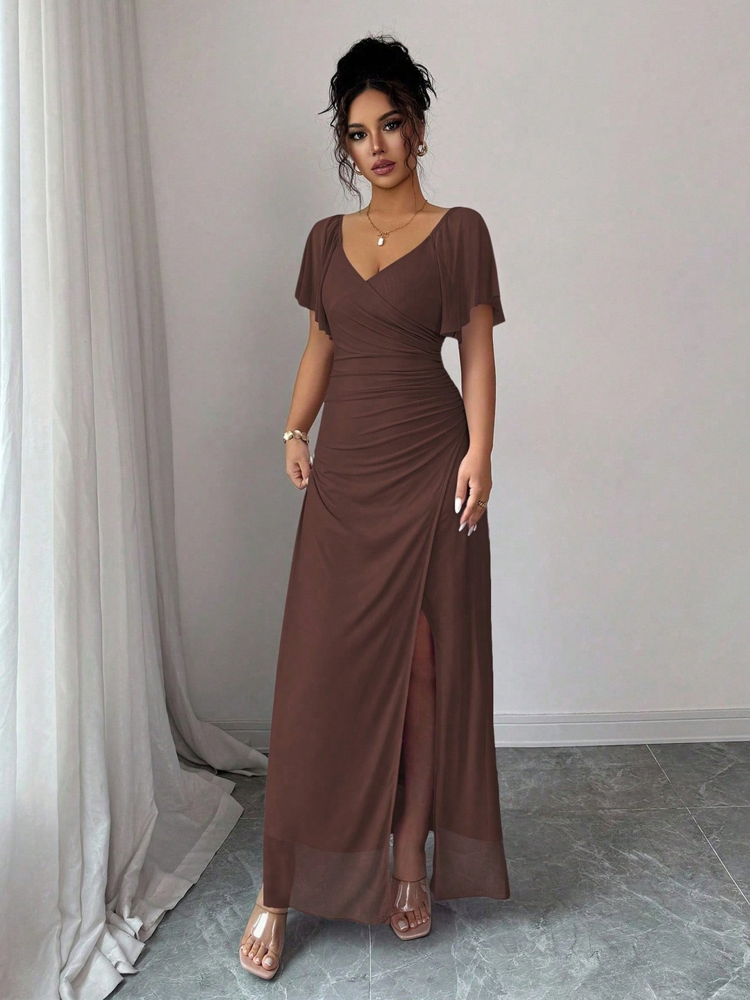Brown Solid Frill Sleeve Maxi Dress with Side Slit