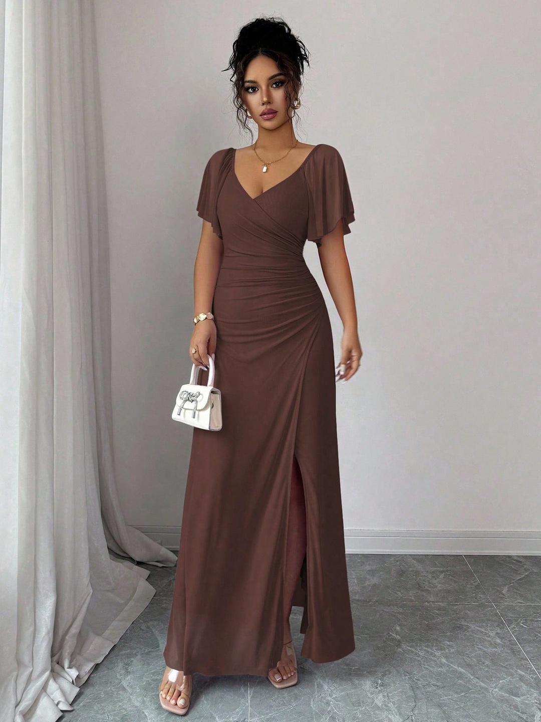 Brown Solid Frill Sleeve Maxi Dress with Side Slit