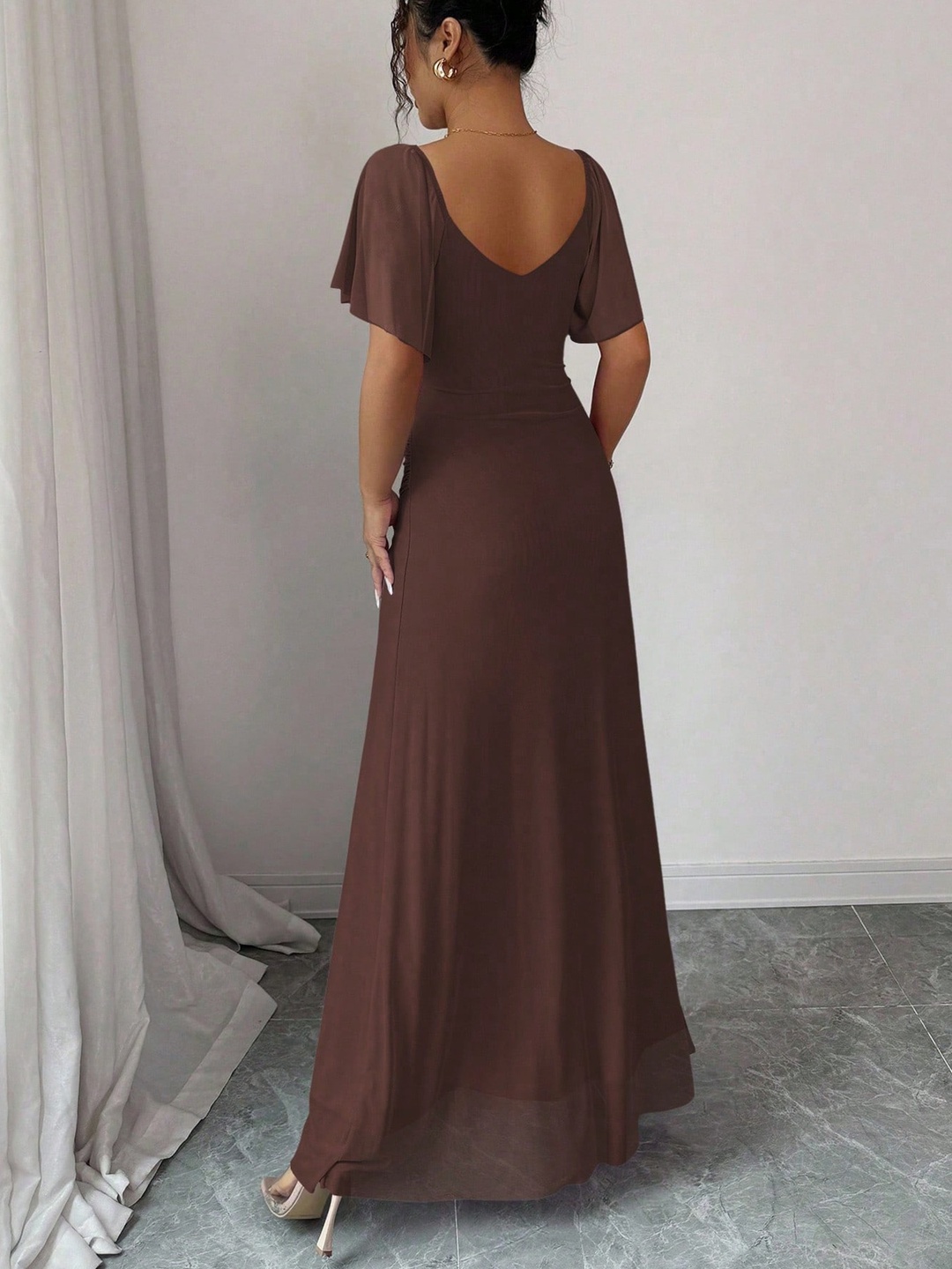 Brown Solid Frill Sleeve Maxi Dress with Side Slit