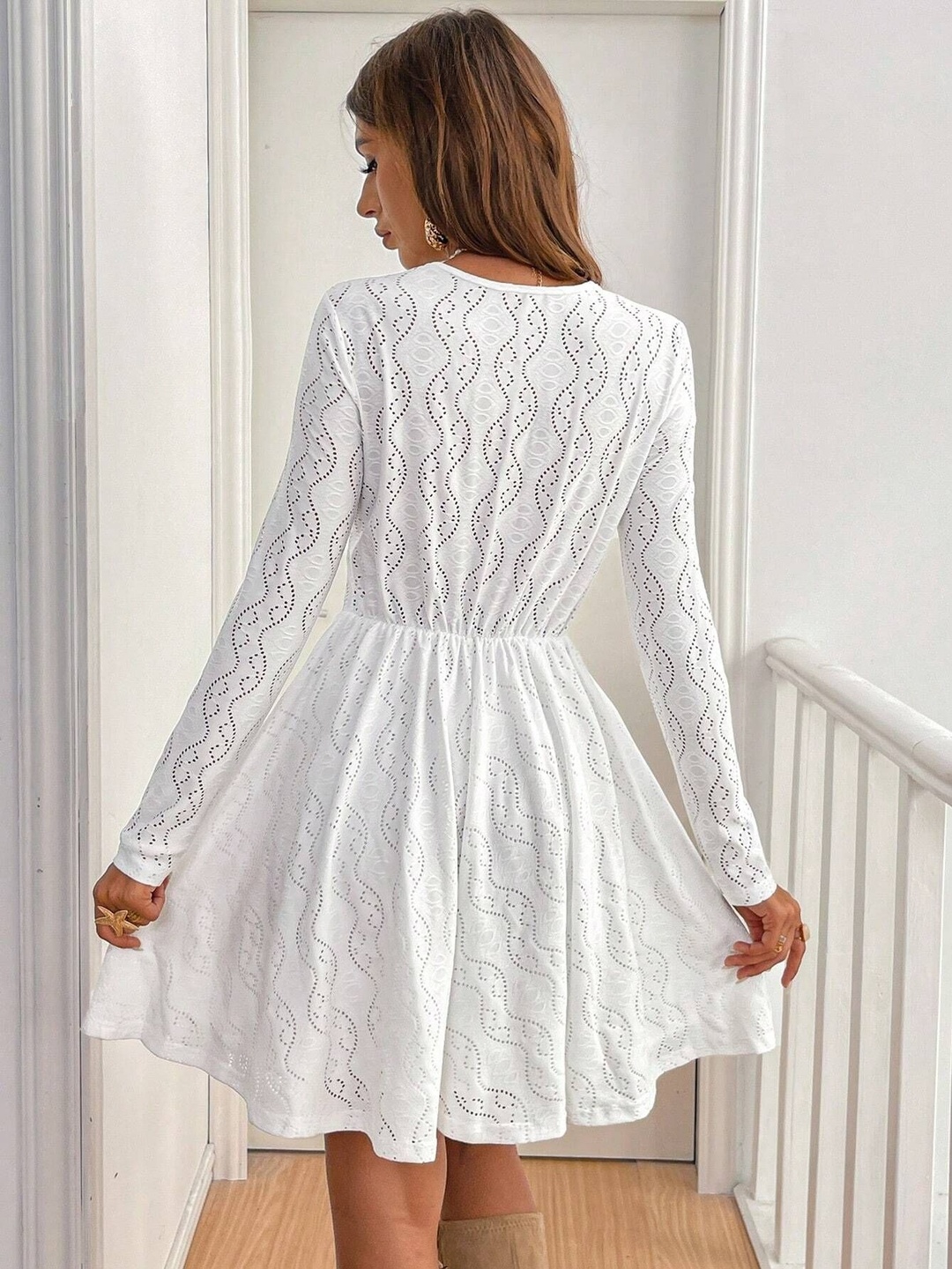 White Patterned Lace Knee Length Dress