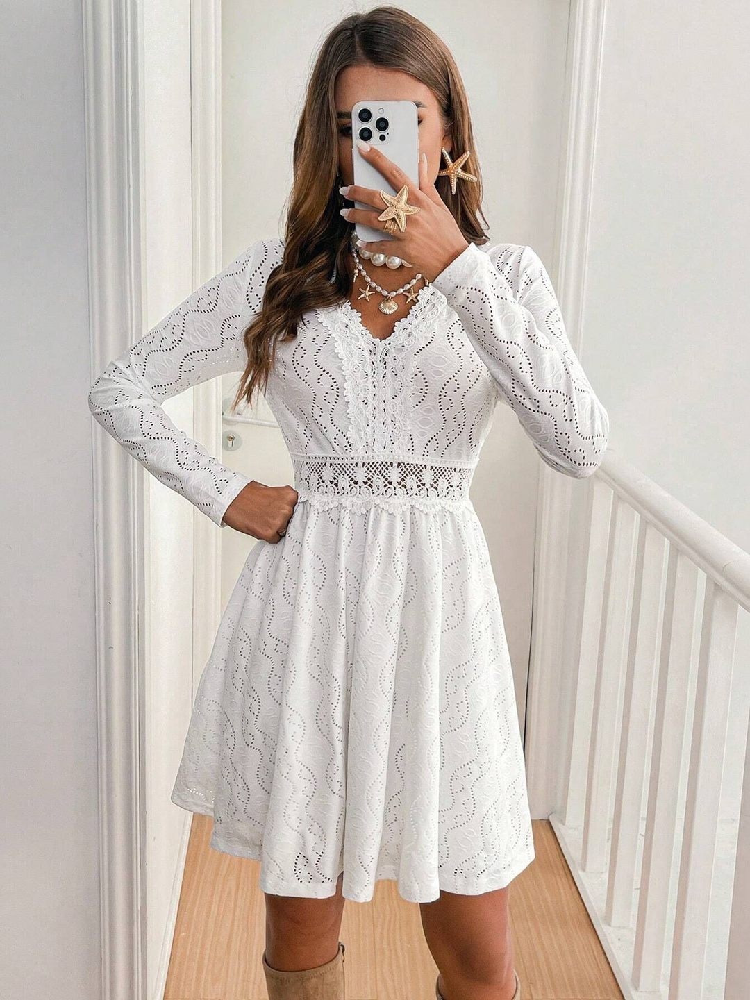White Patterned Lace Knee Length Dress