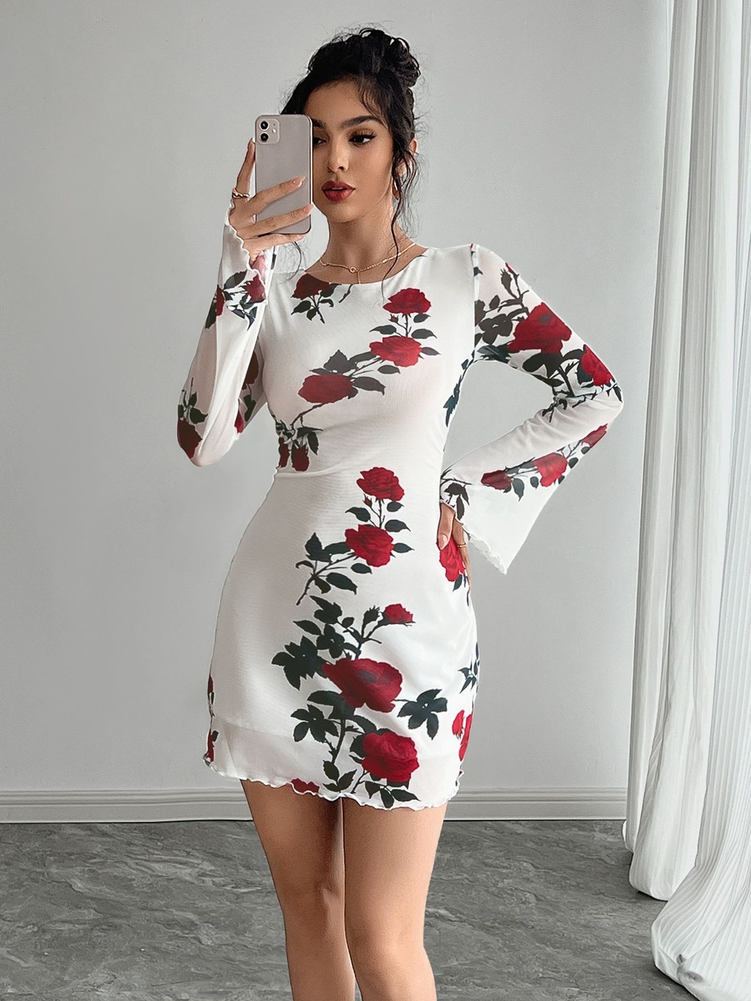 White Flower Backless Bell Sleeve Mini Dress