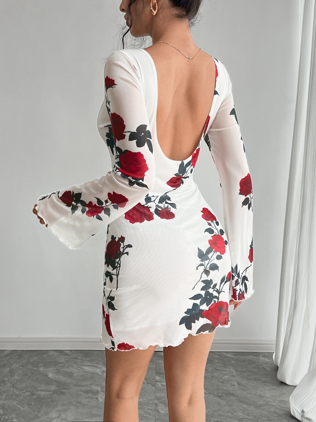 White Flower Backless Bell Sleeve Mini Dress
