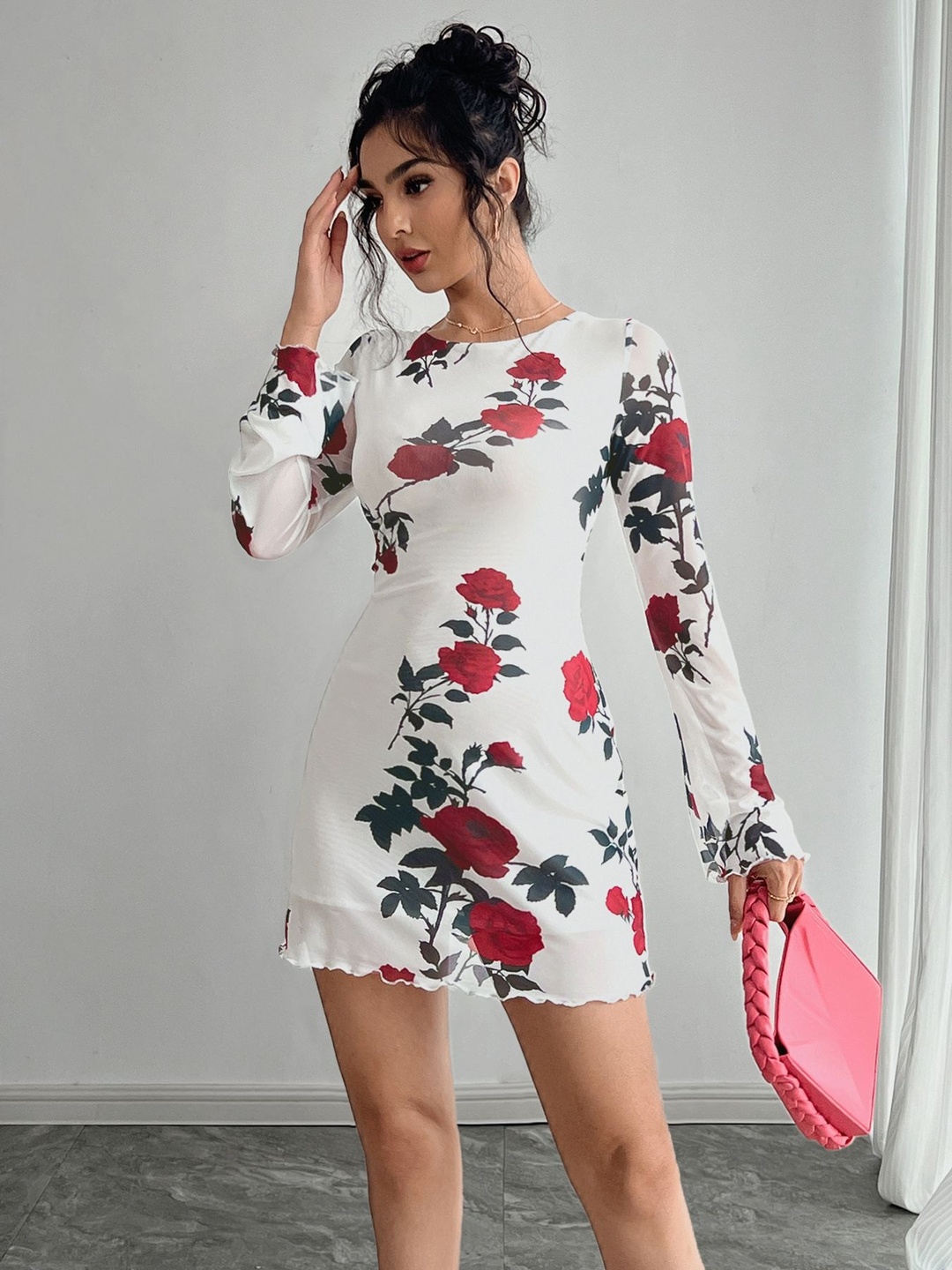 White Flower Backless Bell Sleeve Mini Dress