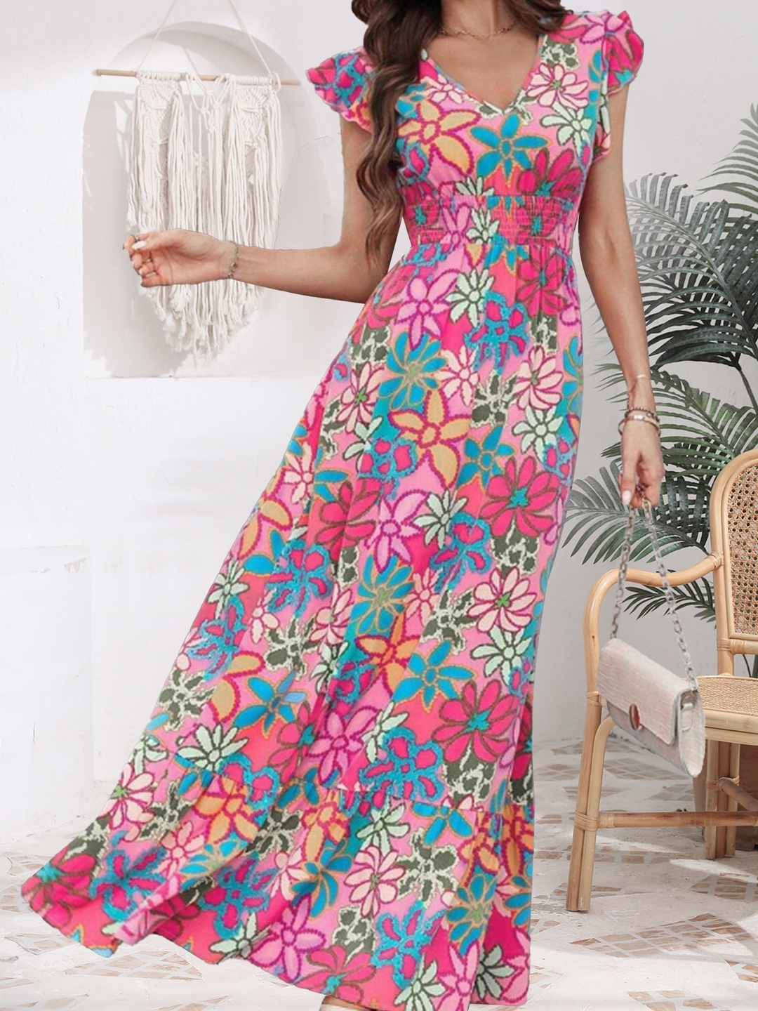 Pink Floral Print A-Line Maxi Dress
