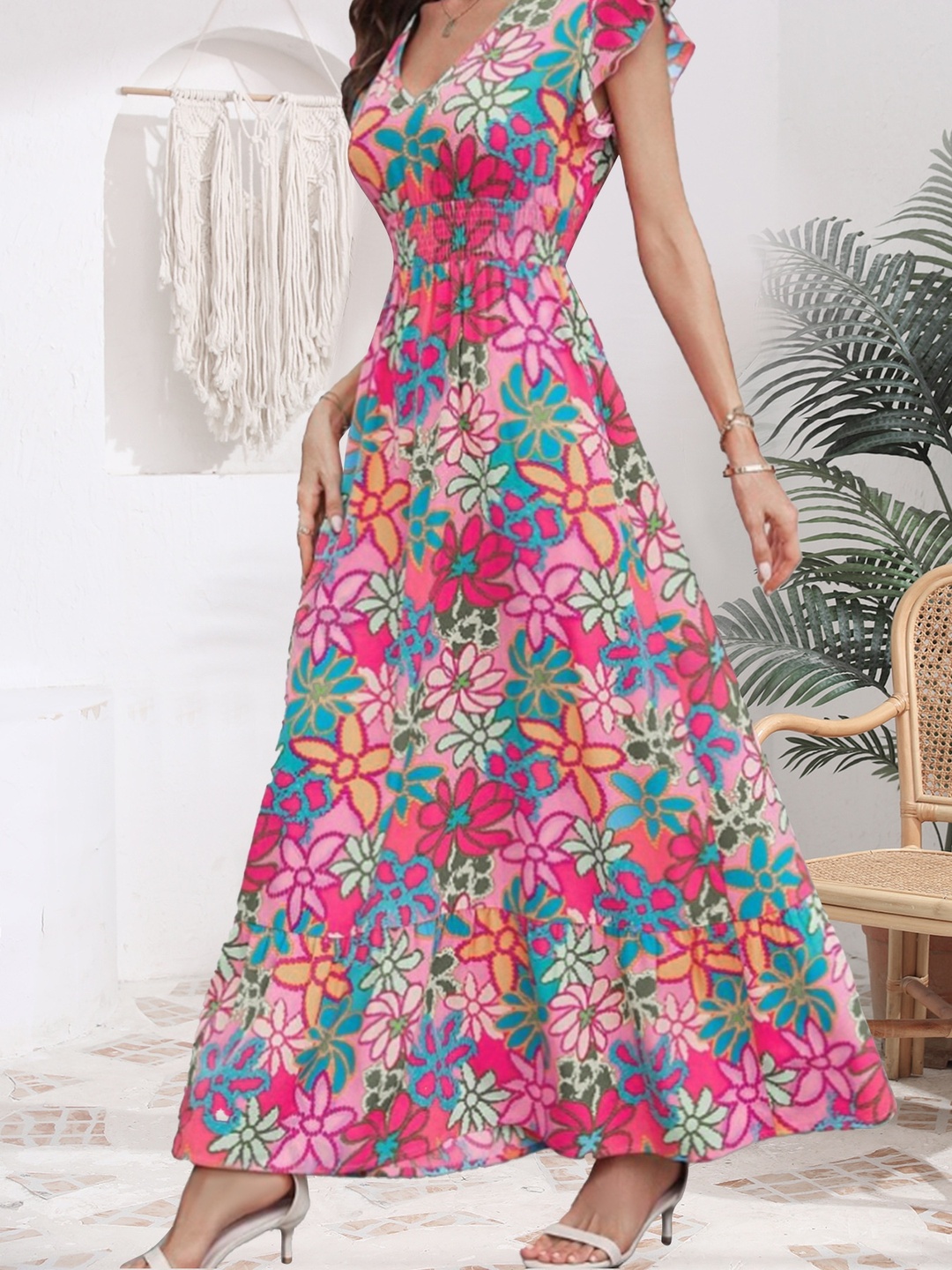 Pink Floral Print A-Line Maxi Dress