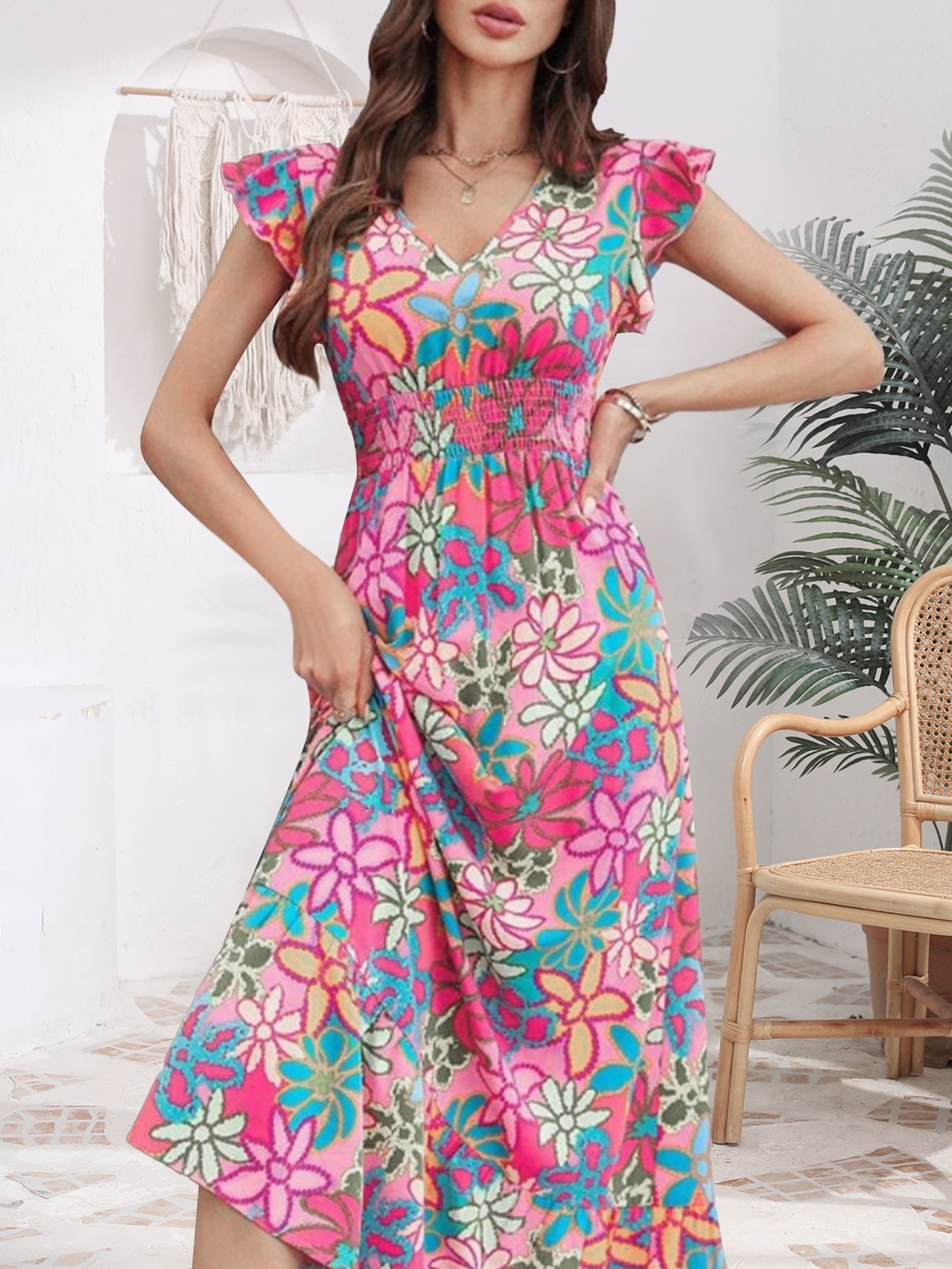 Pink Floral Print A-Line Maxi Dress