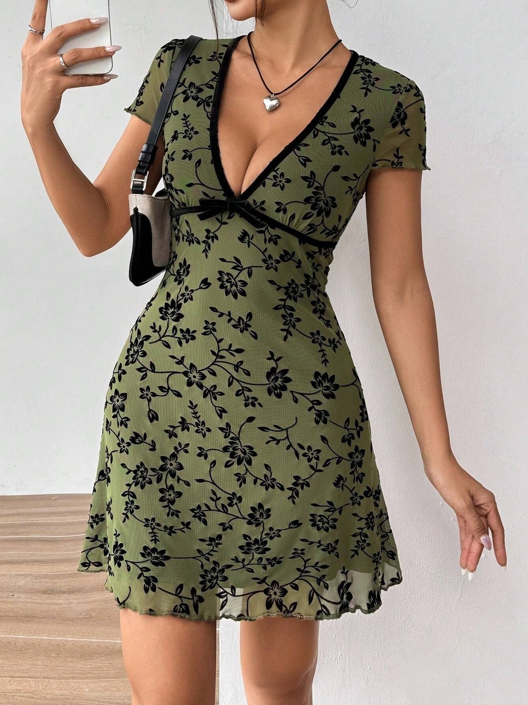 Olive Floral Embroidered V Neck Mini Dress