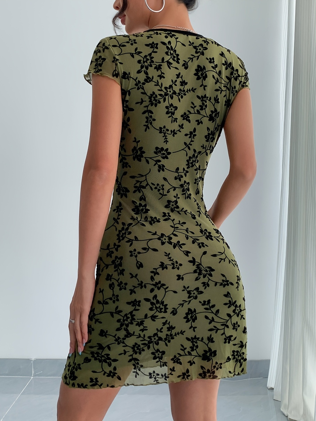 Olive Floral Embroidered V Neck Mini Dress