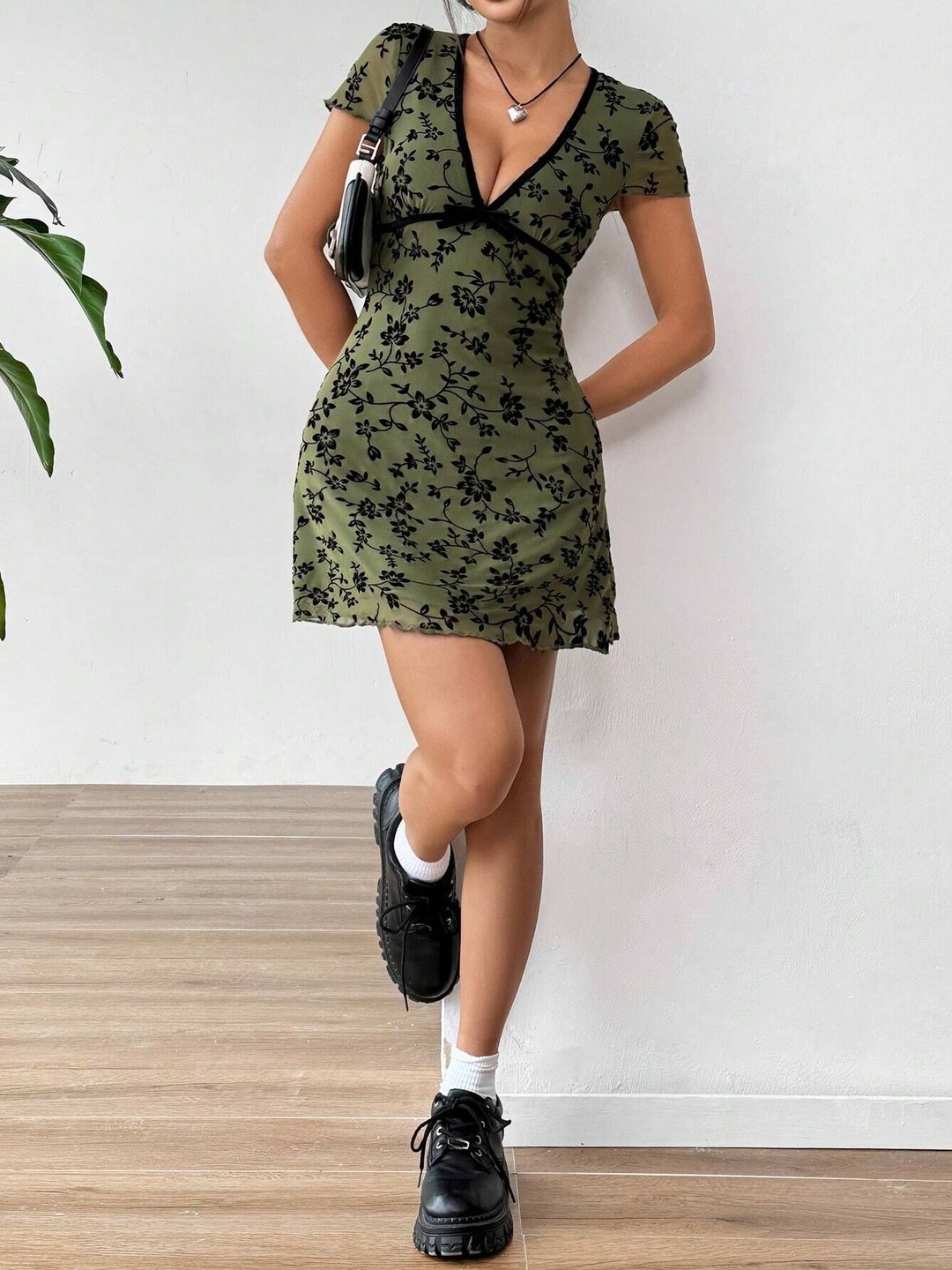 Olive Floral Embroidered V Neck Mini Dress