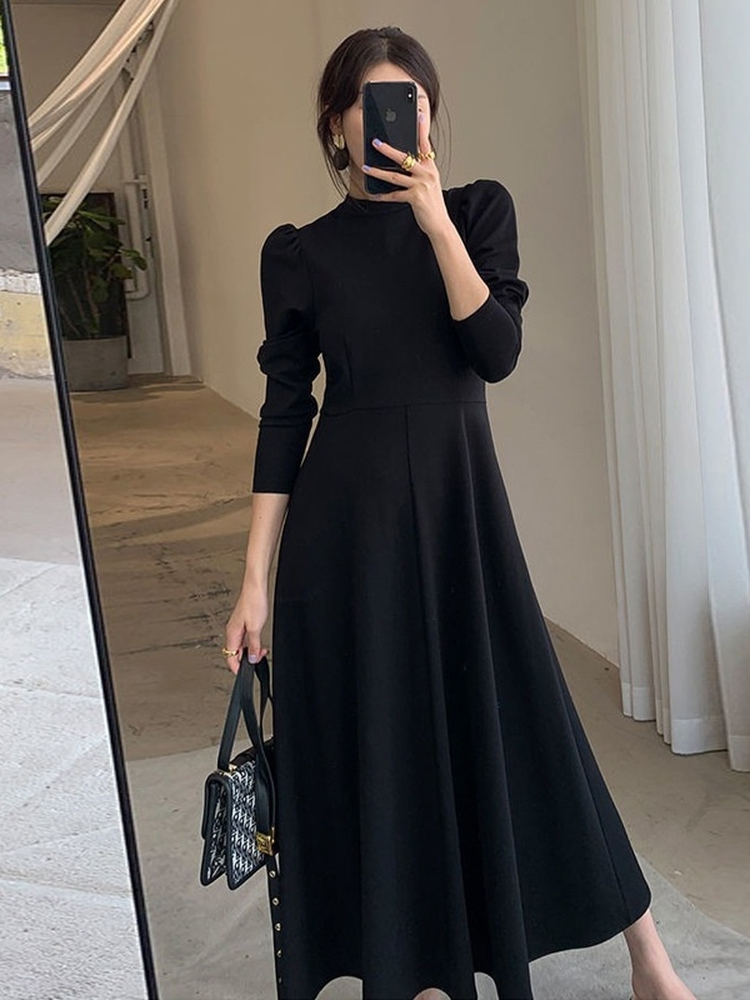 Black Solid 3/4 Sleeves A-Line Midi Dress