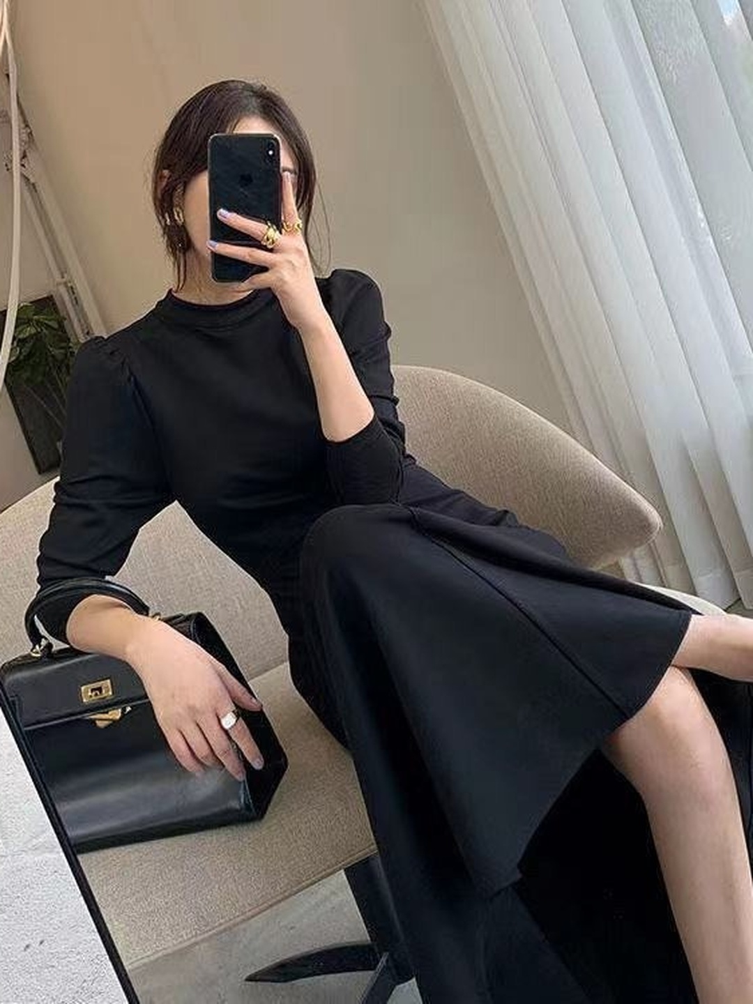 Black Solid 3/4 Sleeves A-Line Midi Dress