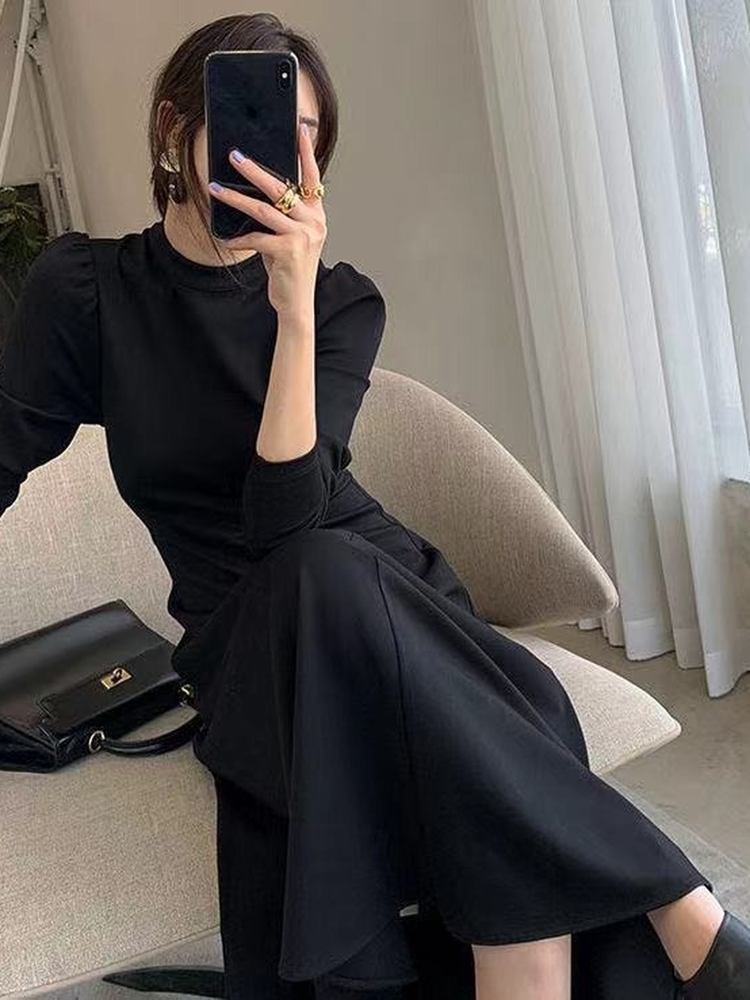 Black Solid 3/4 Sleeves A-Line Midi Dress
