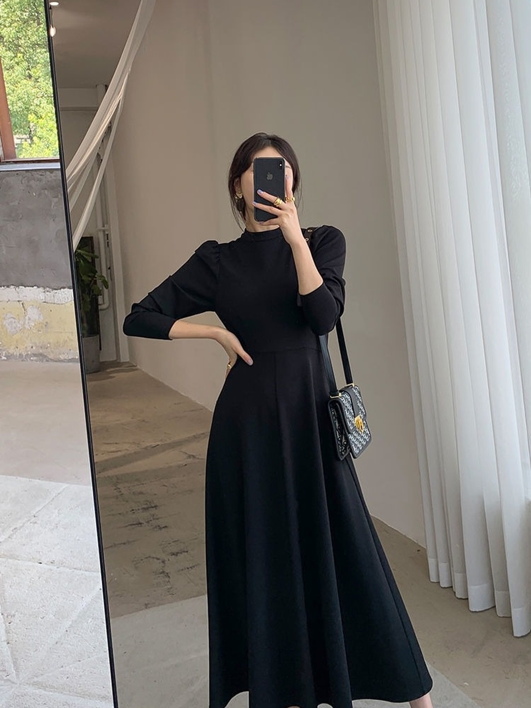Black Solid 3/4 Sleeves A-Line Midi Dress