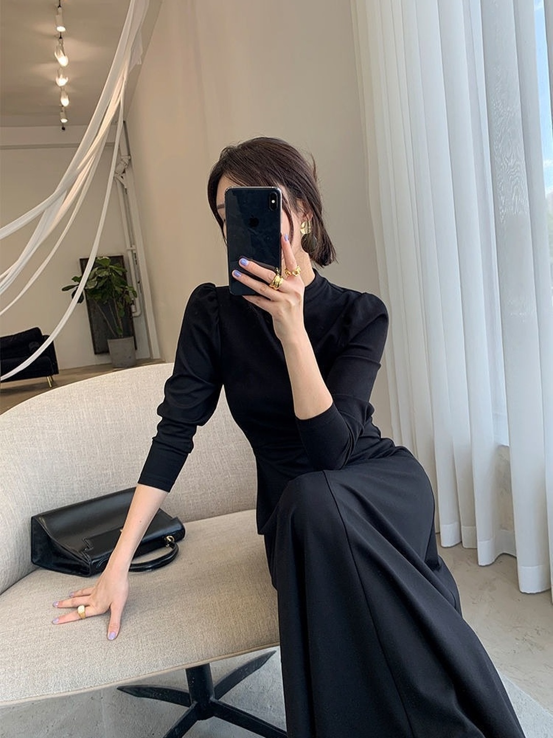 Black Solid 3/4 Sleeves A-Line Midi Dress