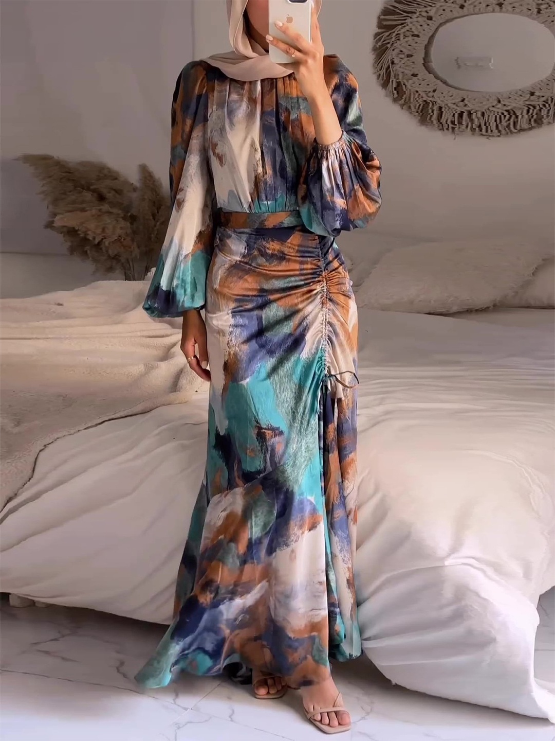 All Over Print Ruched Maxi Dress