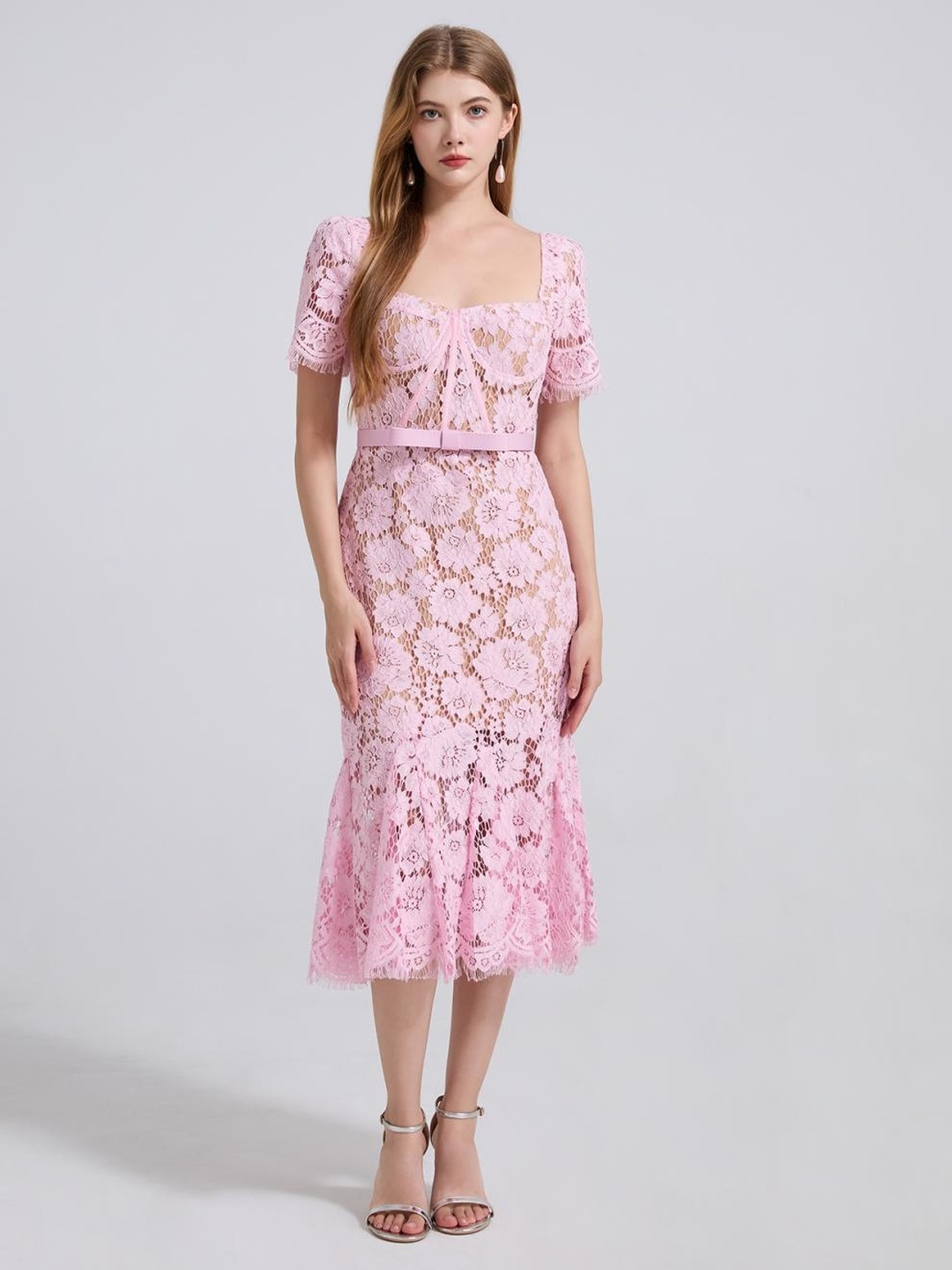 Pink Lace Mermaid Hem Midi Dress