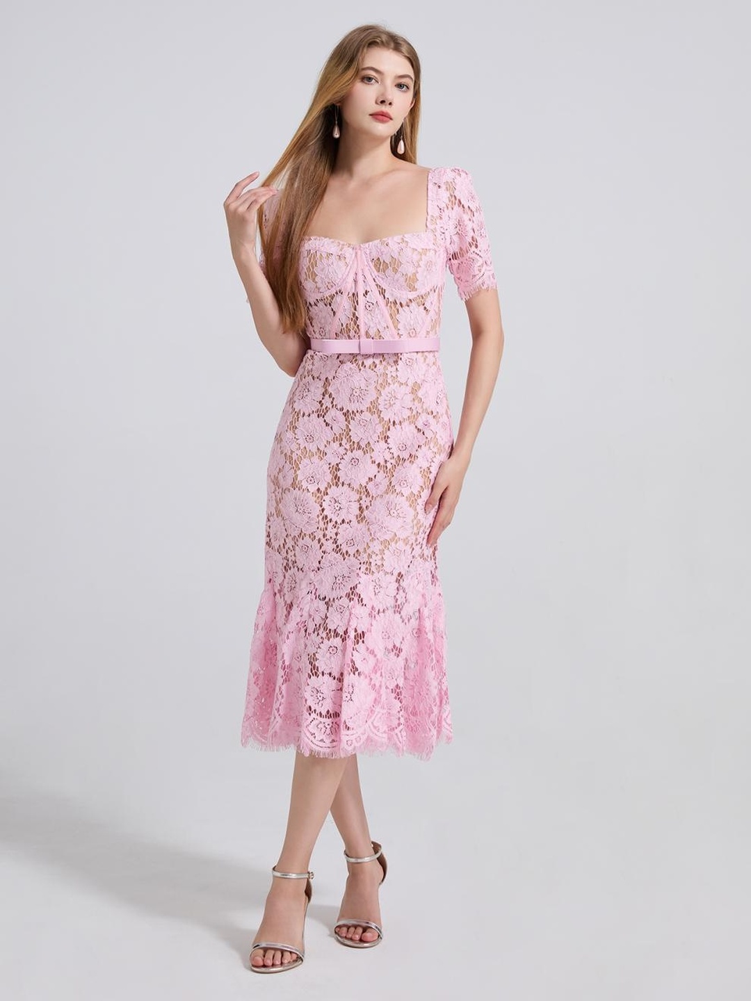 Pink Lace Mermaid Hem Midi Dress