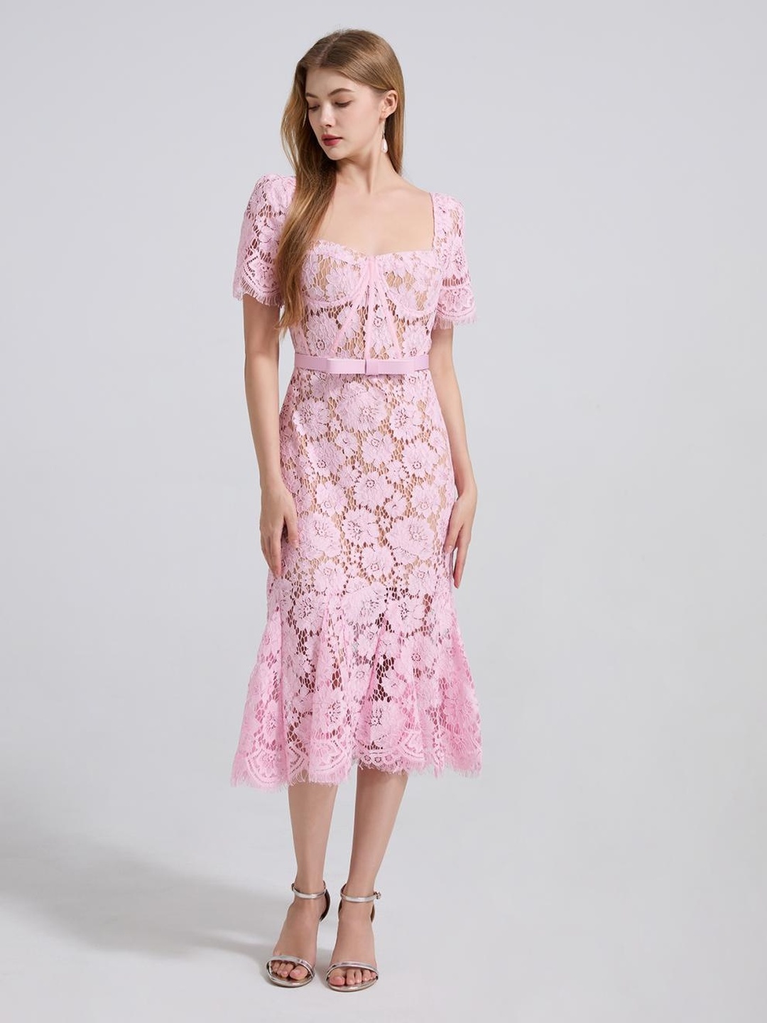 Pink Lace Mermaid Hem Midi Dress