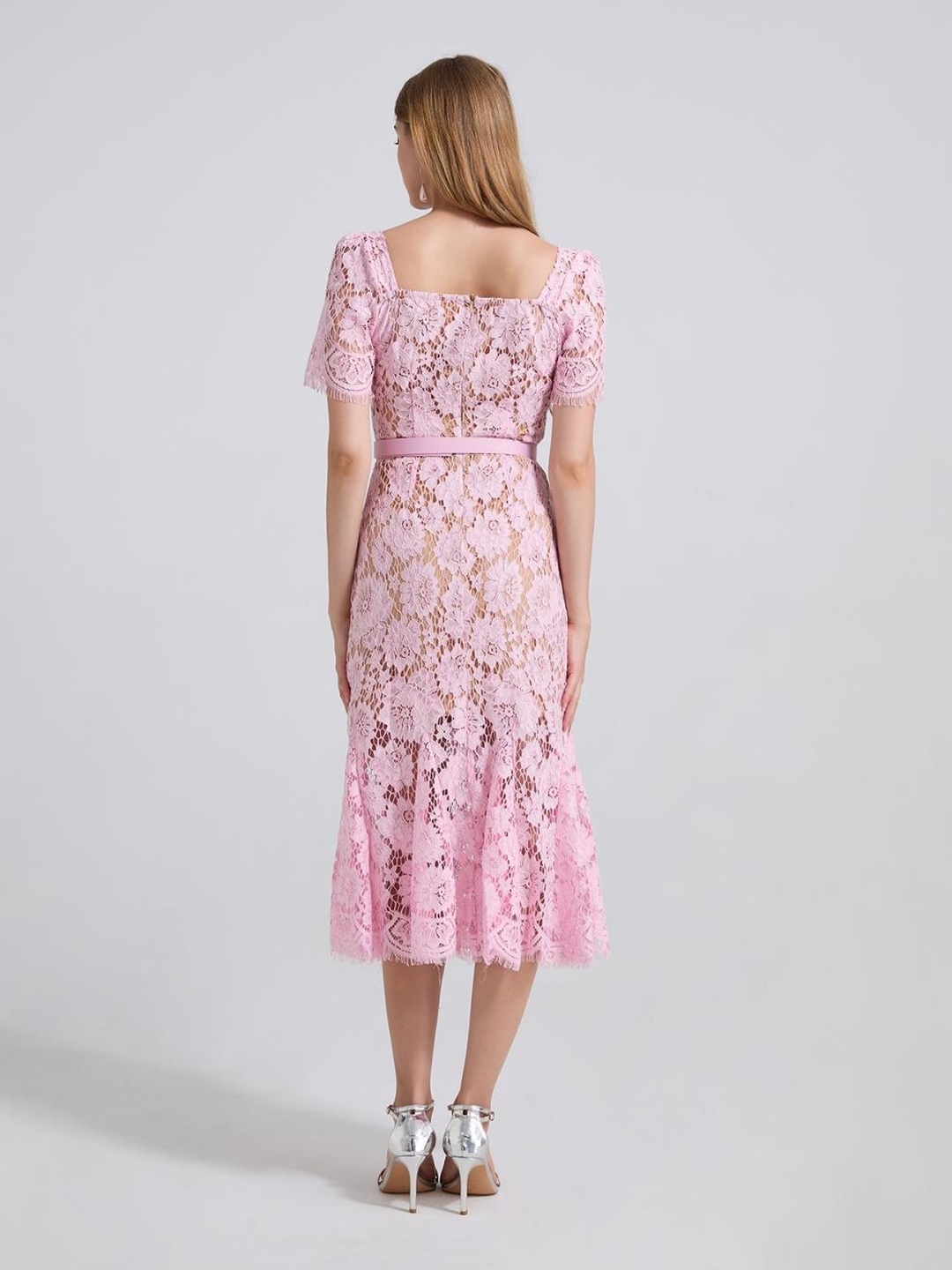Pink Lace Mermaid Hem Midi Dress