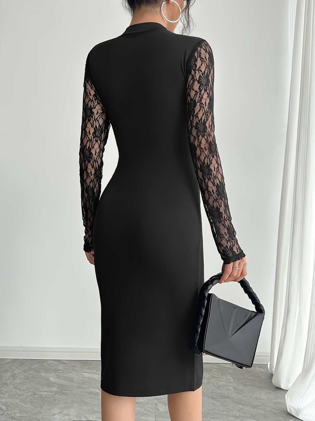 Black Lace Insert Knee Length Dress with Side Slit
