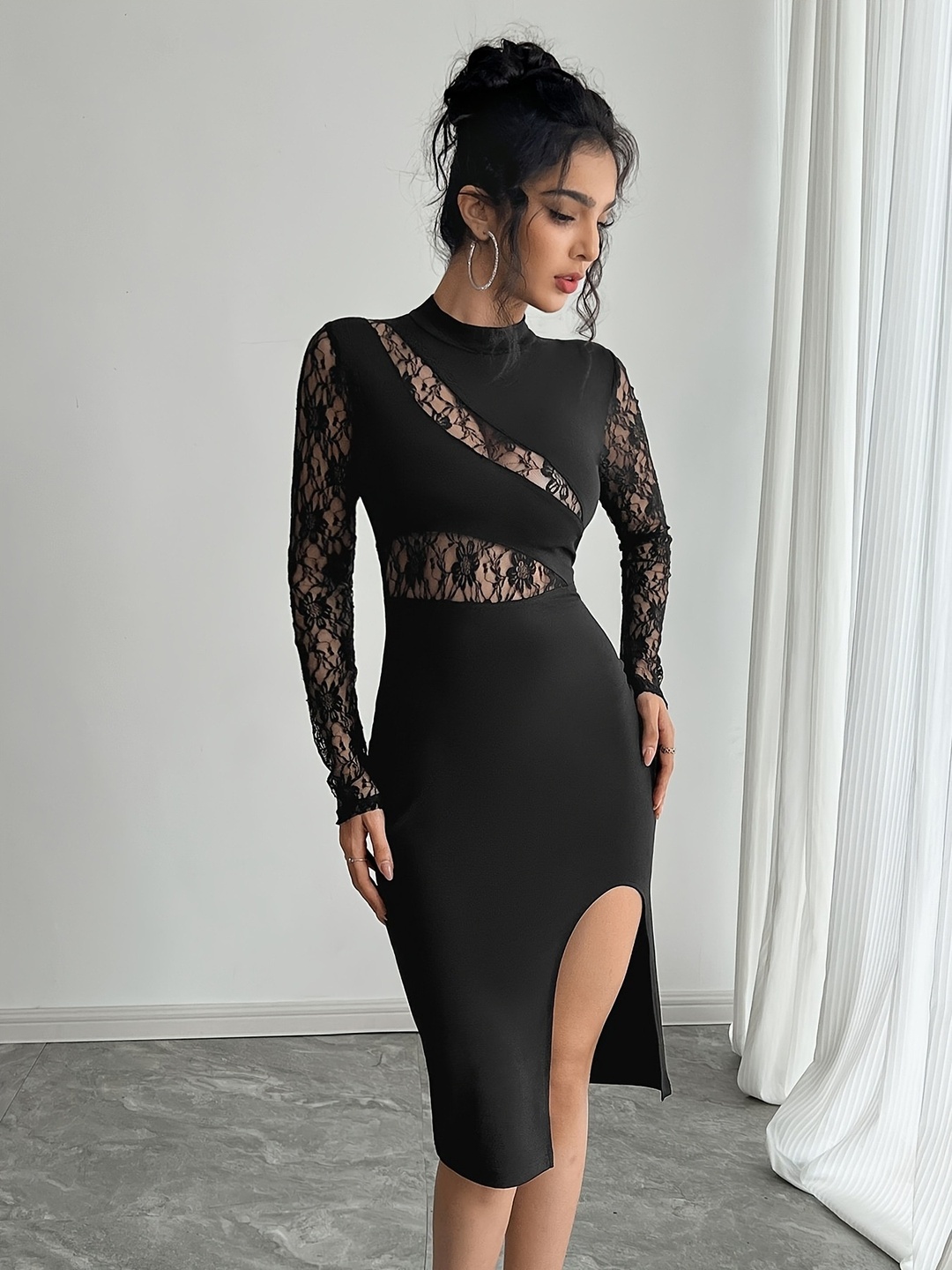 Black Lace Insert Knee Length Dress with Side Slit