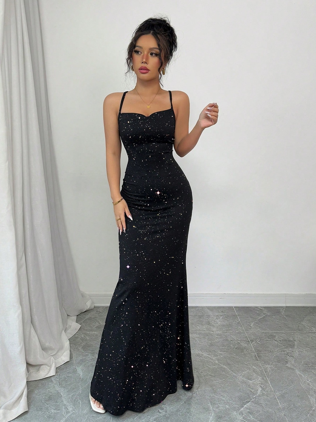 Black Glitter Look Mermaid Hem Maxi Dress