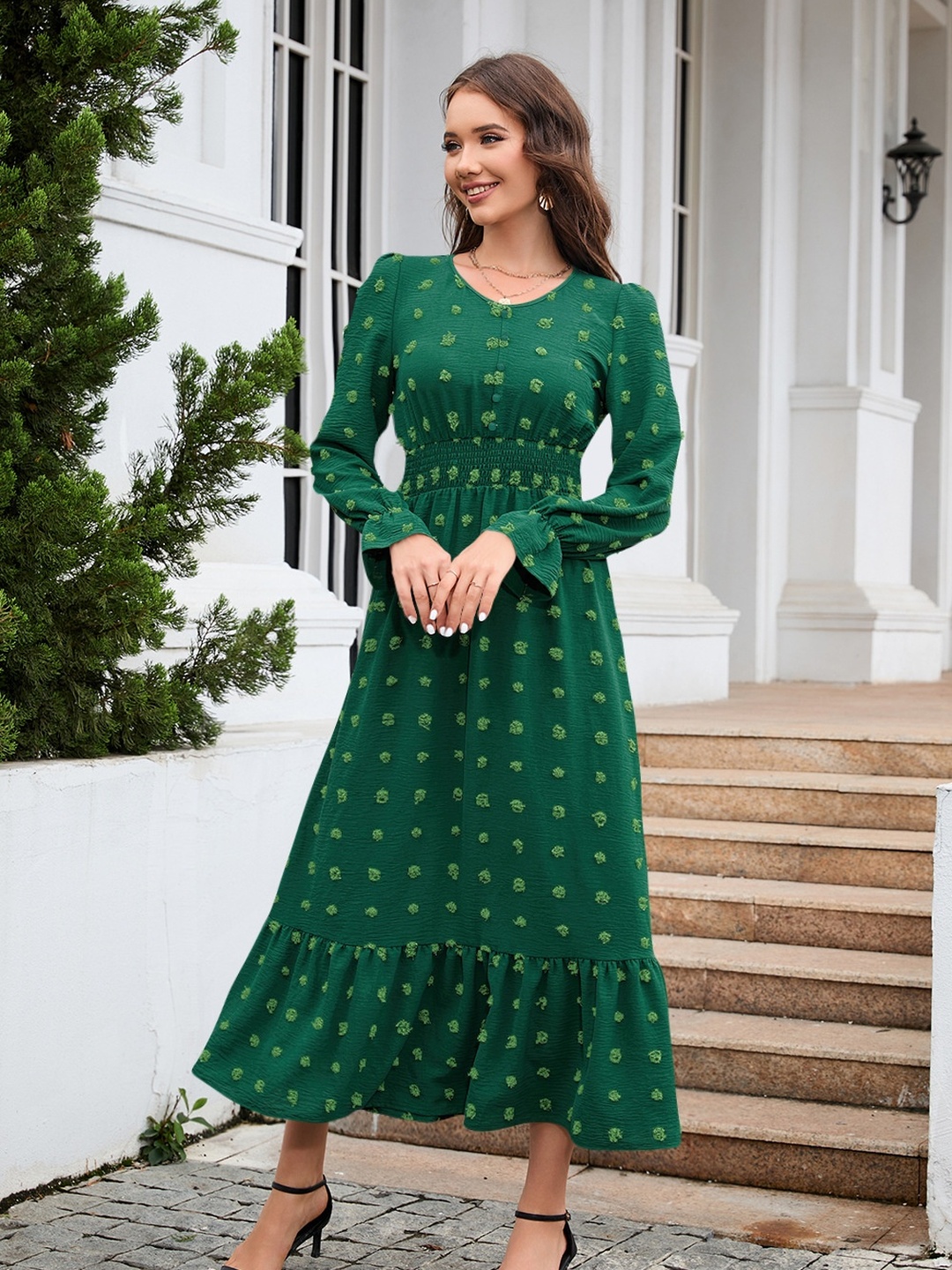 Green Dobby V Neck A-Line Maxi Dress