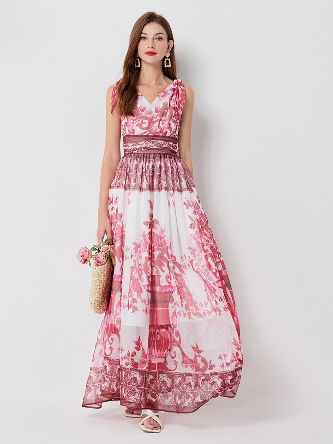 White Floral Print Sleeveless A-Line Maxi Dress