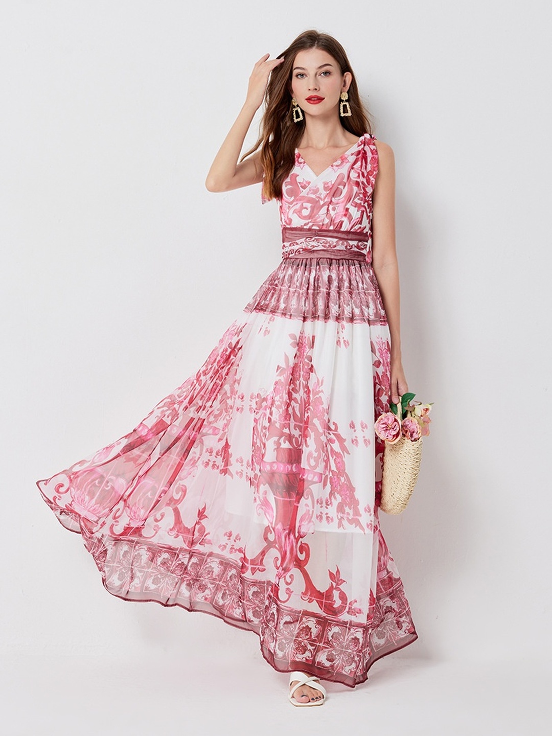 White Floral Print Sleeveless A-Line Maxi Dress