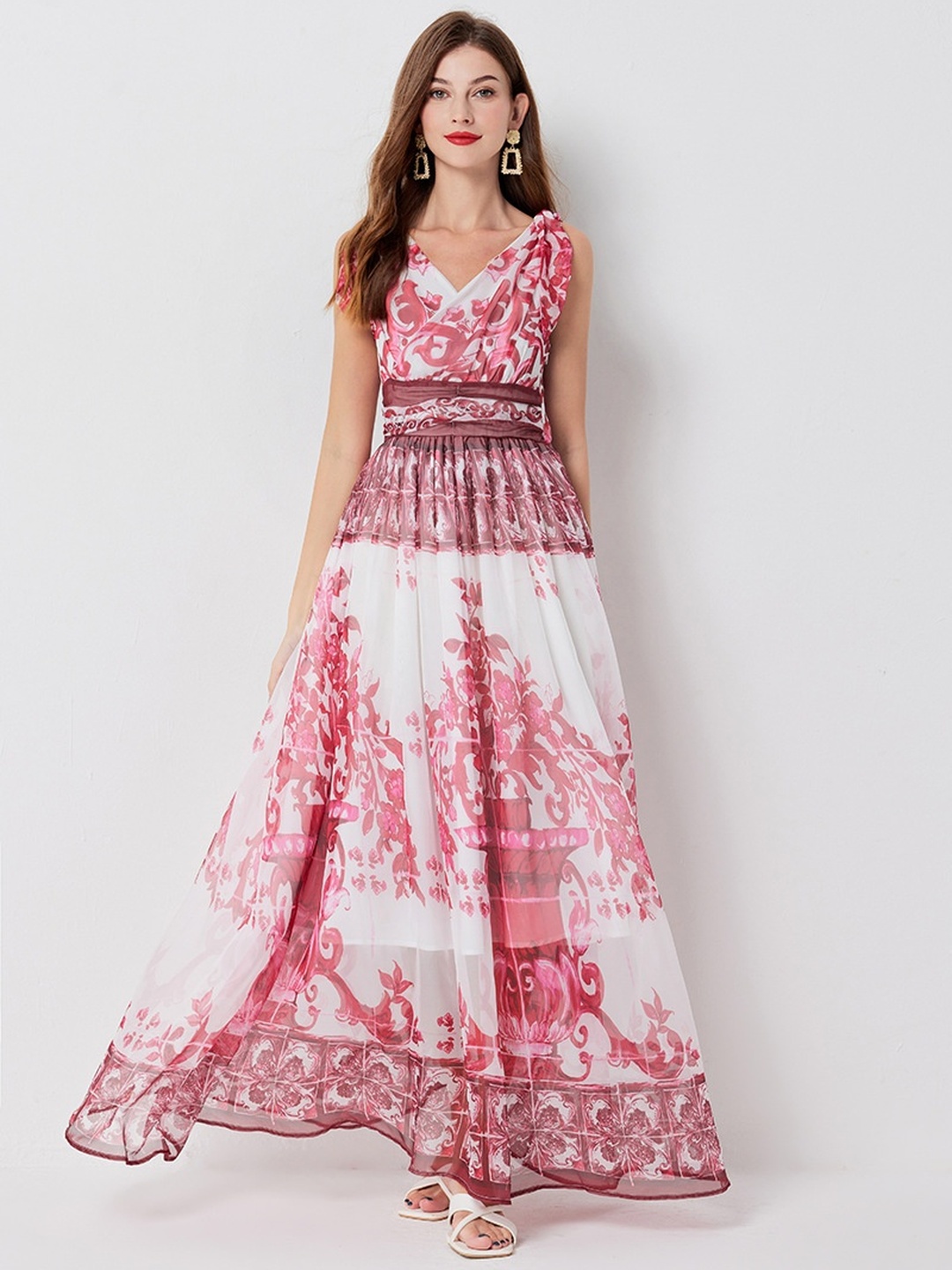 White Floral Print Sleeveless A-Line Maxi Dress