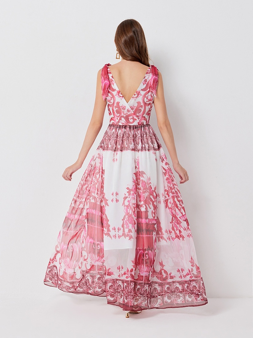 White Floral Print Sleeveless A-Line Maxi Dress