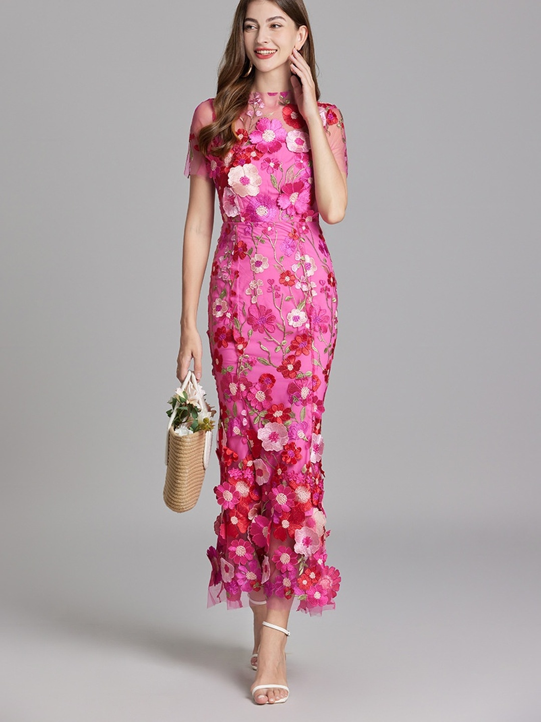 Pink Flower Mesh Embroidered Maxi Dress