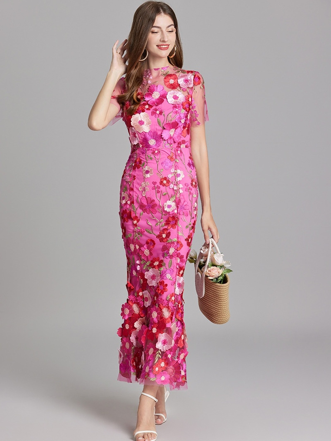 Pink Flower Mesh Embroidered Maxi Dress