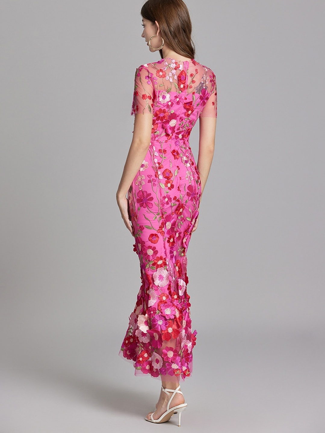 Pink Flower Mesh Embroidered Maxi Dress