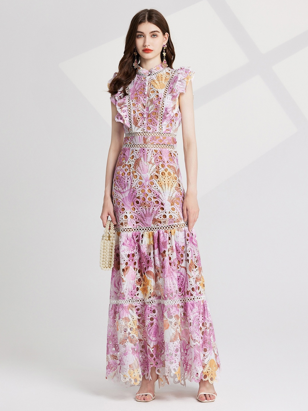 Pink Embroidery Hollow-Out Collar Maxi Dress